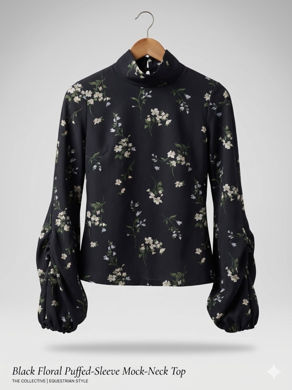 Black Floral Puff Sleeve Mock Neck Blouse Top The Collective Equestrian